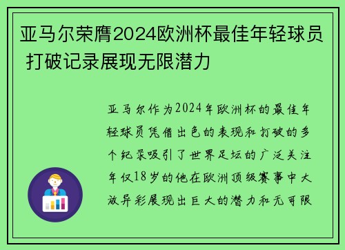 亚马尔荣膺2024欧洲杯最佳年轻球员 打破记录展现无限潜力