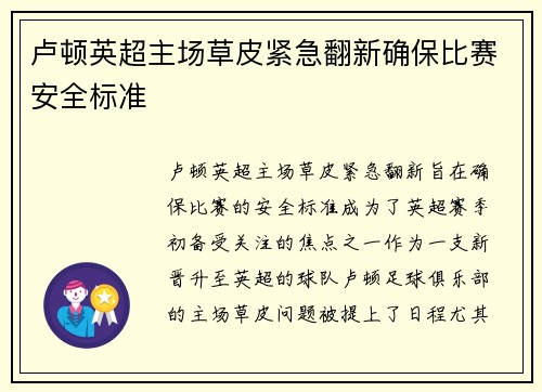 卢顿英超主场草皮紧急翻新确保比赛安全标准