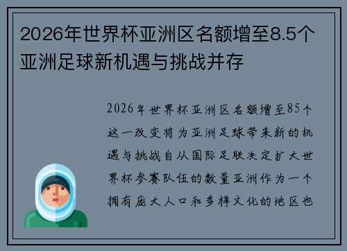 2026年世界杯亚洲区名额增至8.5个 亚洲足球新机遇与挑战并存 2026年世界杯亚洲区名额增至8.5个 亚洲足球新机遇与挑战并存